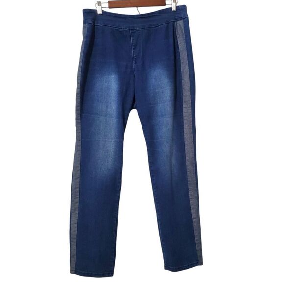 Ashro Back Zip Jeans Size 12 Side Stripe Accent Stretchy Denim Womens - Picture 1 of 11